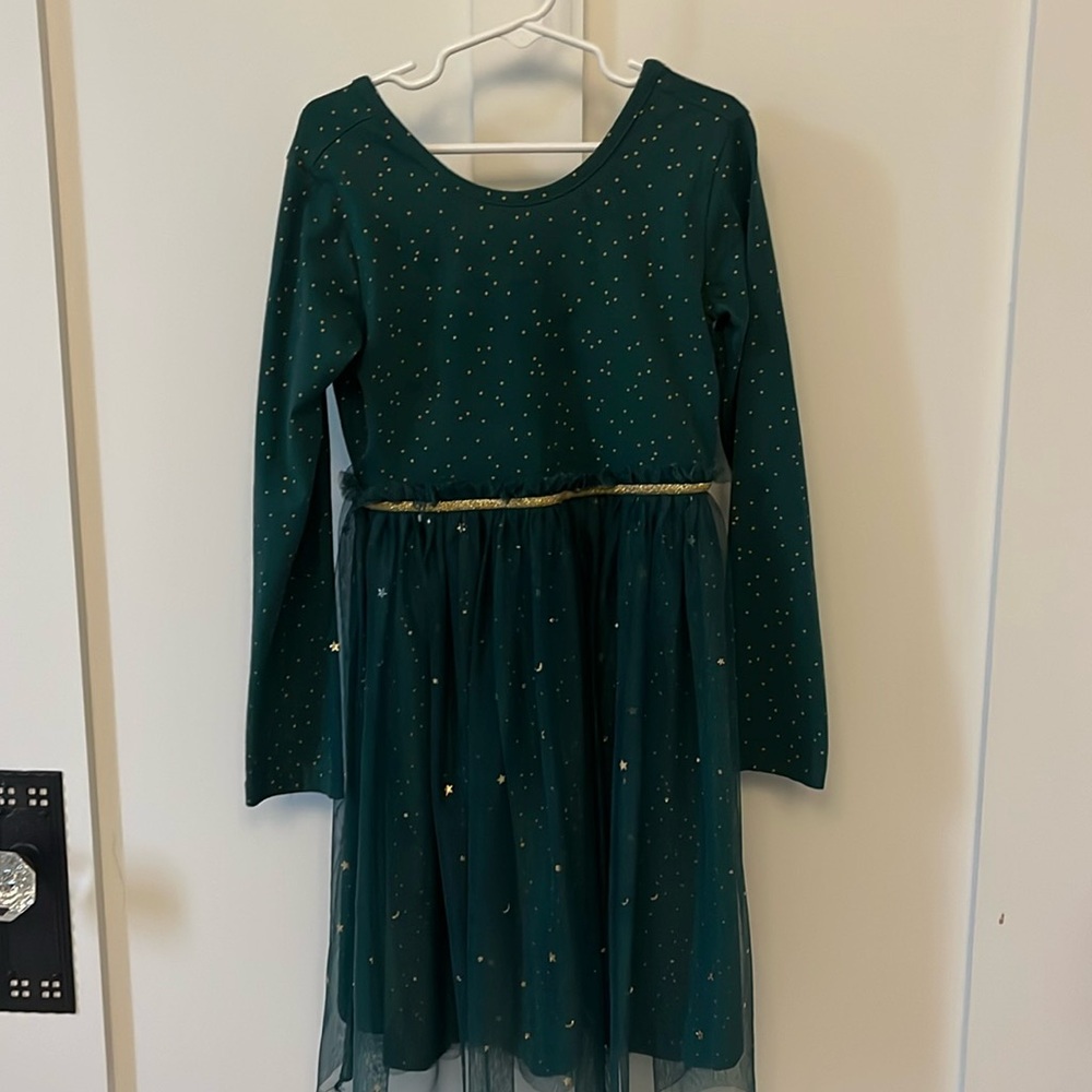 Hanna Andersson Green dress with gold sparkles and tuille skirt, size 8